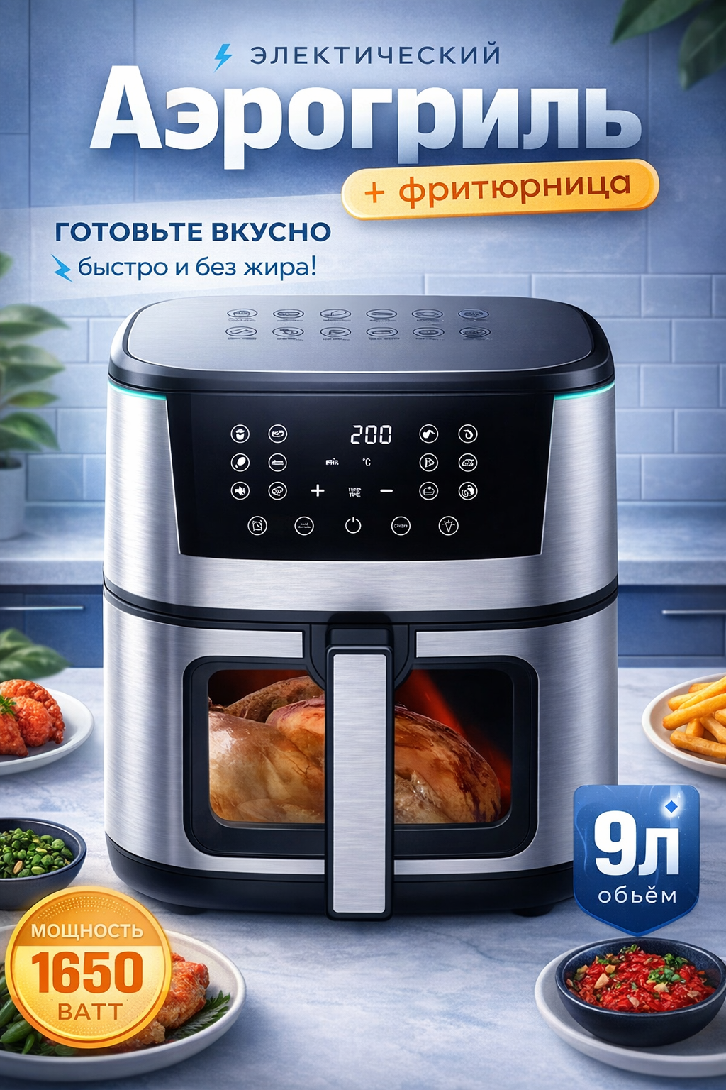 Аэрогриль, для дома и кухни, мощность 1650Вт, регулировка температуры, 9л