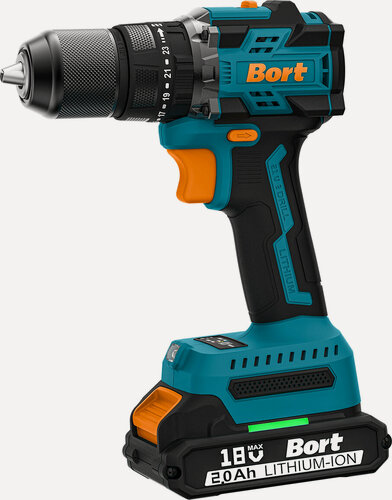 Изображение товара Дрель-шуруповерт аккумуляторная BORT BAB-21-BLK (2х2,0 Ач + ЗУ), 18В, 60Нм, 500Вт, до 400/1400 об/мин