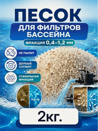 Изображение товара Кварцевый песок для фильтра бассейна 0.4 1.2 мм, оптимальная фракция, загрузка для фильтрации воды, без пыли, 2 кг