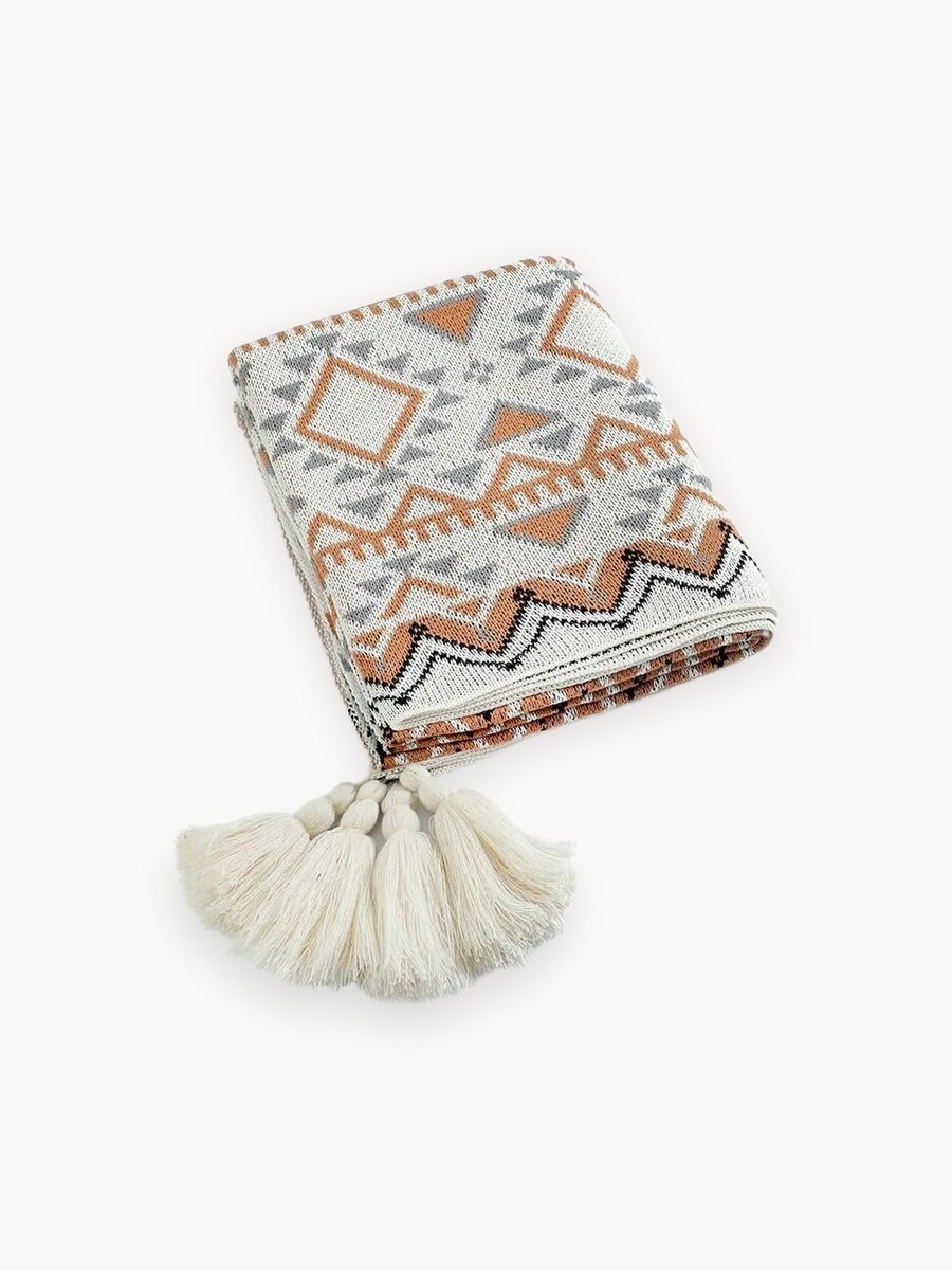 Плед ZARA HOME, 100% жаккард, голубой, геометрический узор, декоративный шнур