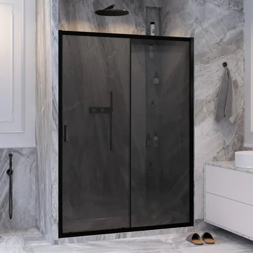 Душевая дверь в нишу Ambassador Forsa 17022220ABB стеклянная раздвижная 140 см с черным профилем одностворчатая непрозрачная