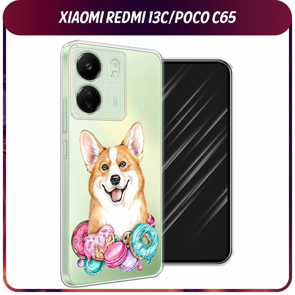 Чехол на Xiaomi Redmi 13C/Poco C65 / Сяоми Редми 13C/Поко С65 с принтом "Корги и сладости", прозрачный