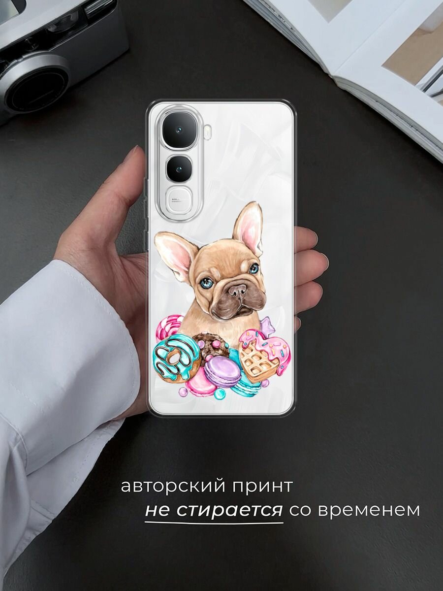 Чехол на Vivo IQOO Z10 Lite 4G / Виво IQOO Z10 Лайт 4G с принтом "Бульдог и сладости", прозрачный — фото 1