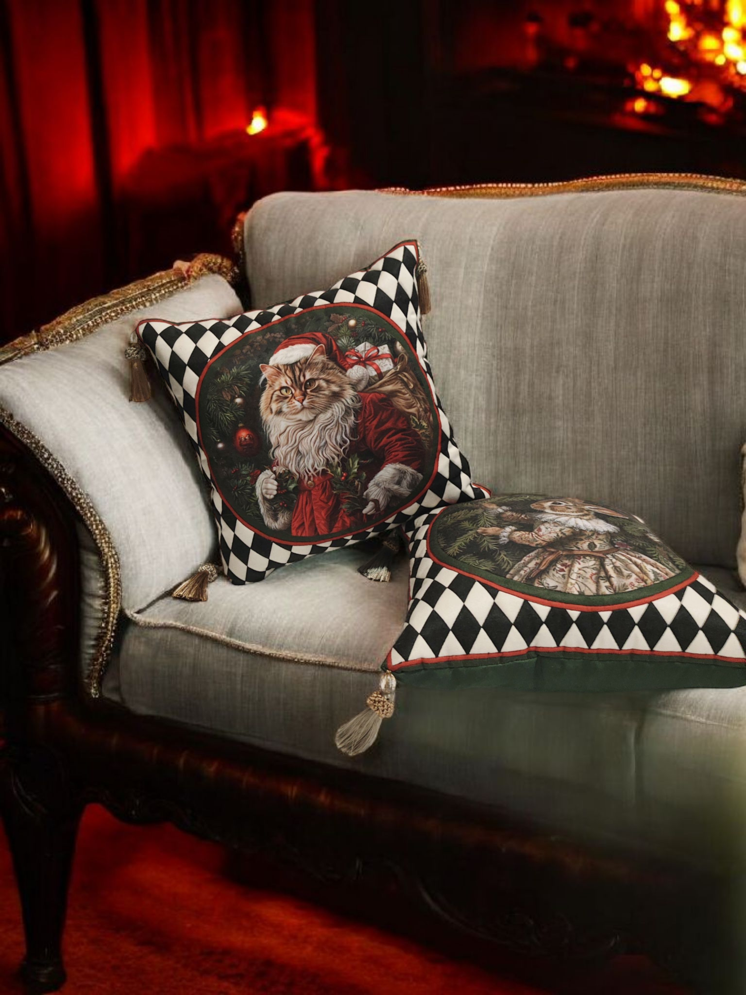 Подушка декоративная новогодняя 45х45 ручная работа Кот Санта подарок на новый год винтажный стиль