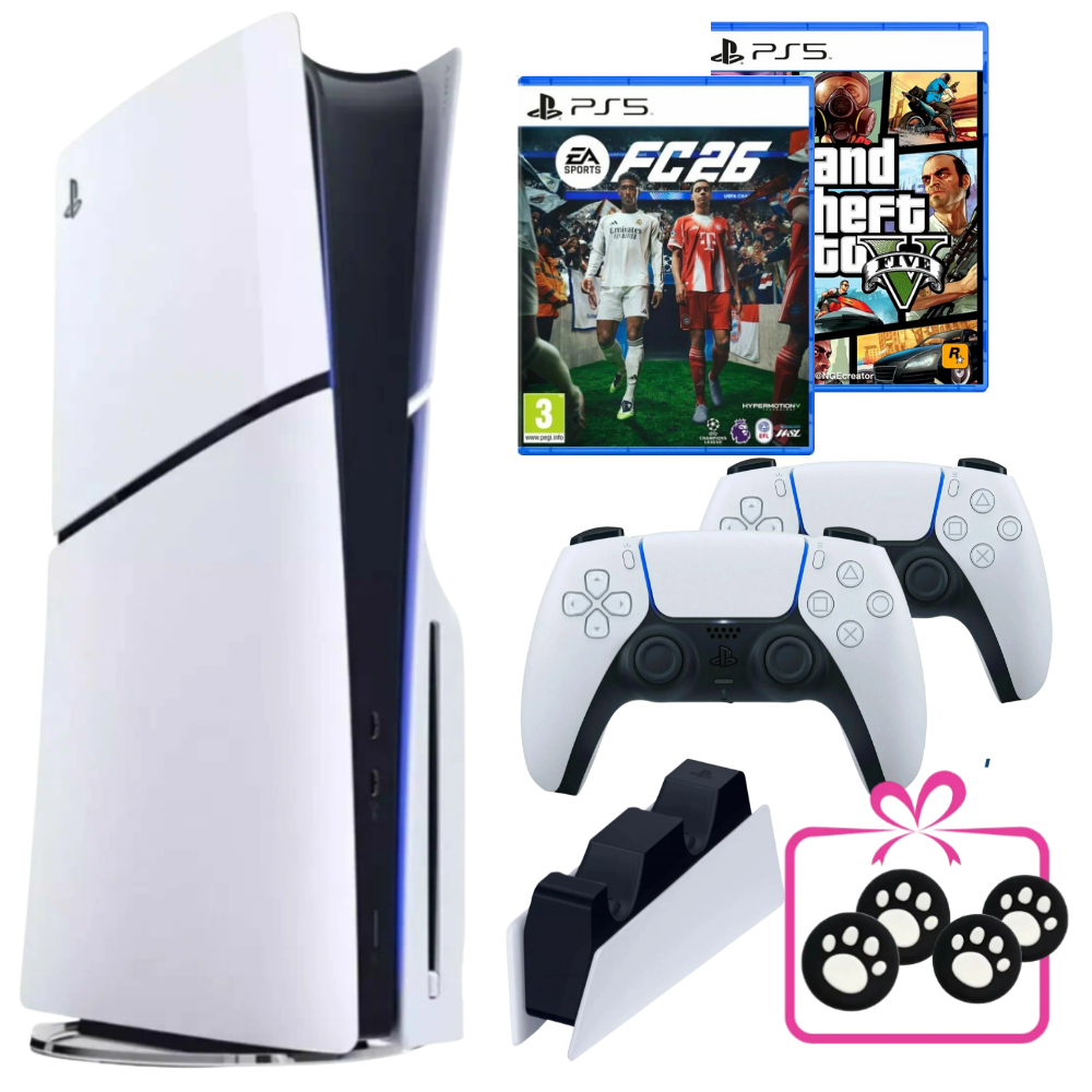 Игровая приставка PS5 Slim с дисководом, второй геймпад белый, FIFA 26 (новинка), GTA 5, зарядная станция