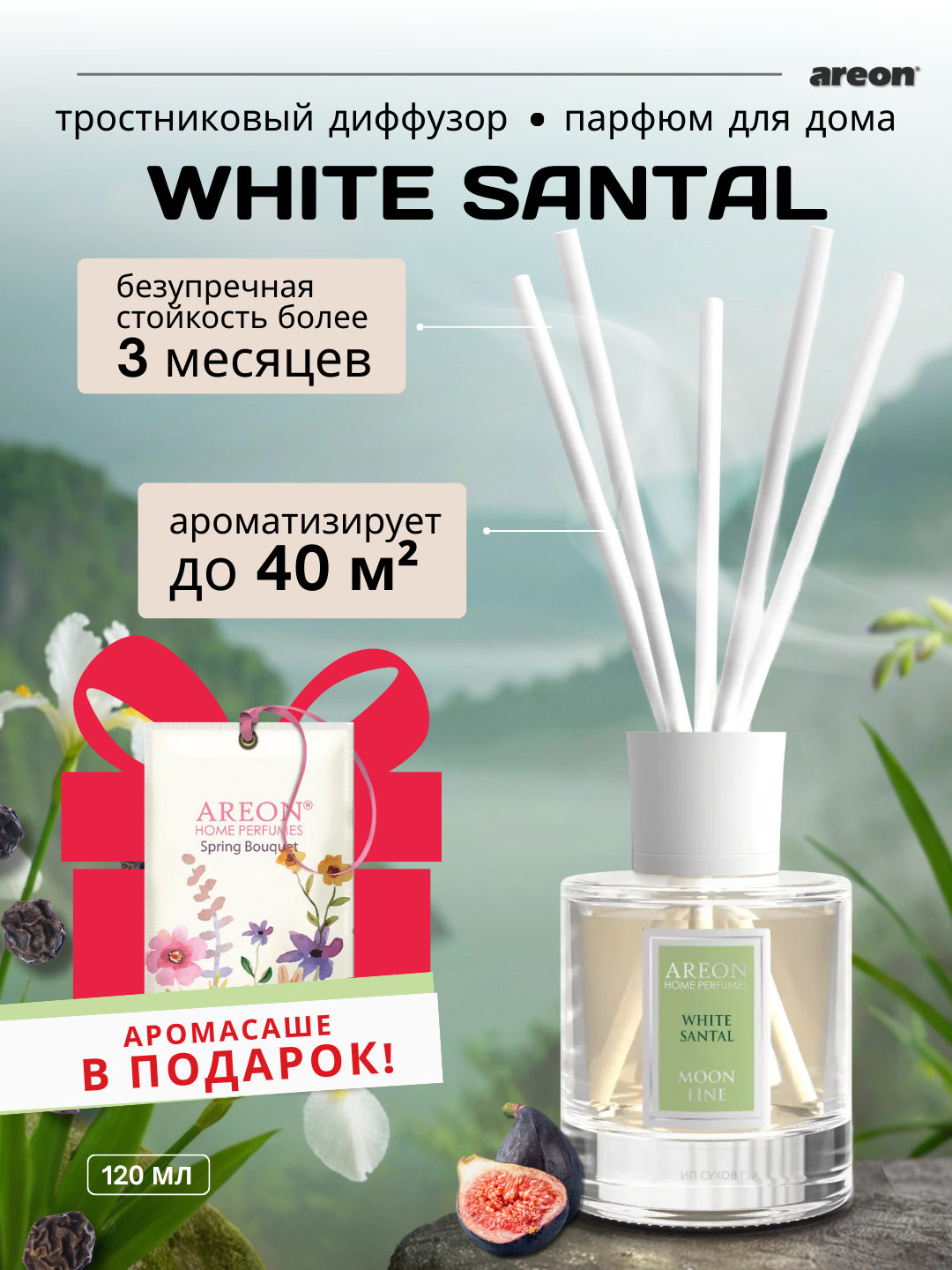 Ароматизатор воздуха Areon Moon Line, аромат White Santal, диффузор с палочками, 120 мл + аромасаше в подарок