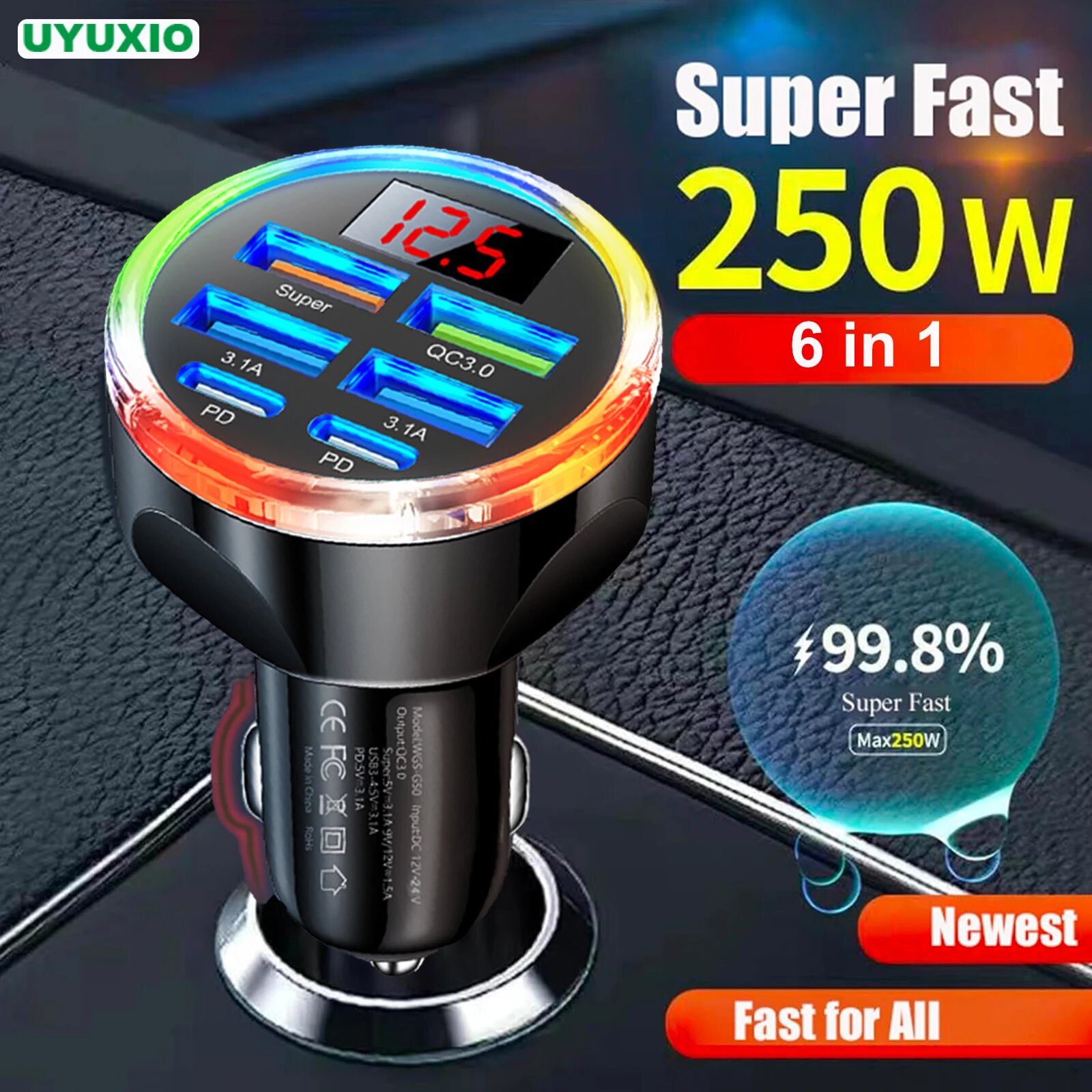 UYUXIO Dual PD USB C Автомобильное зарядное устройство Адаптер 6 в 1 с дисплеем напряжения Цветное ворение QC 4.0 PPS Супер быстрая зарядка с вольтметром