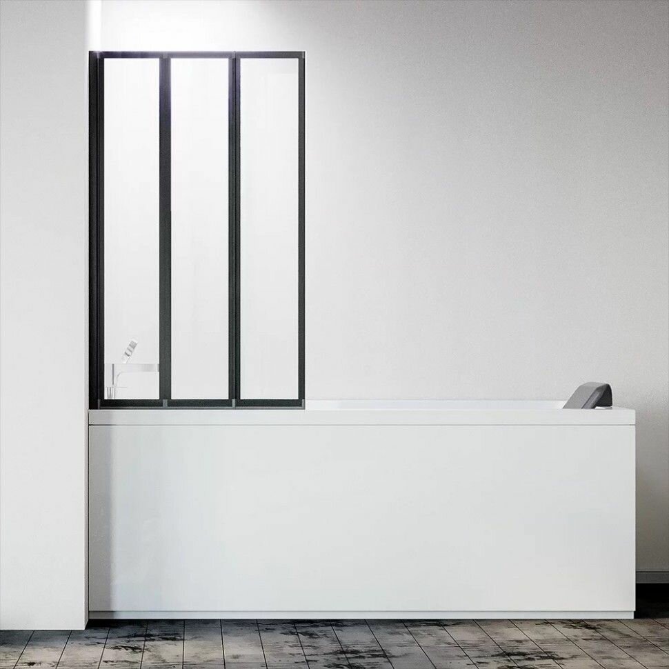 Шторка для ванной стеклянная (ширма) Veconi Palau PL-73BL, 120 см стекло прозрачное, профиль черный матовый PL73BL-120-01-19C4