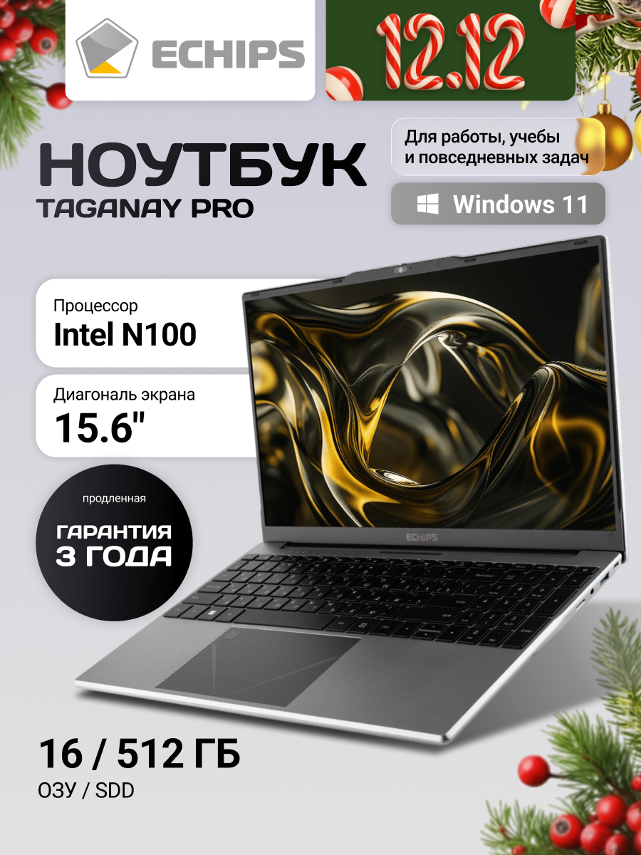 15" Ноутбук ECHIPS Taganay Pro, Intel N100, RAM 16 ГБ, SSD 512 ГБ, IPS Full HD 1920x1080, Windows 11 Home
