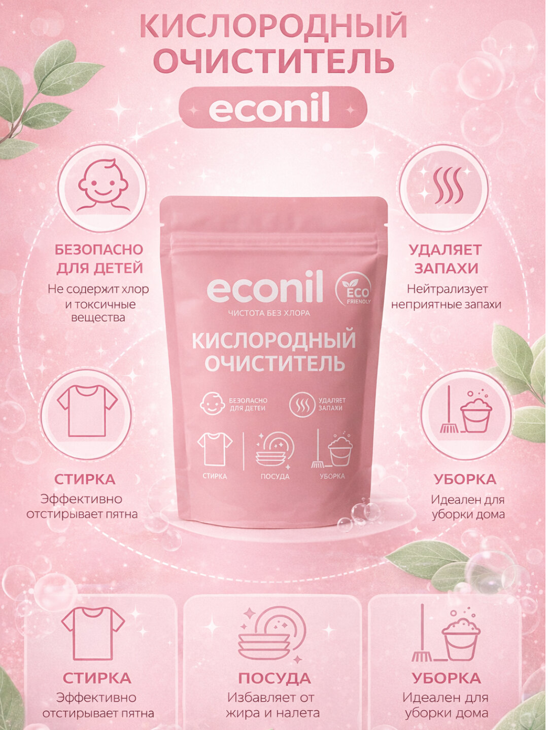 Кислородный очиститель, отбеливатель, пятновыводитель Econil, 350 гр — фото 1