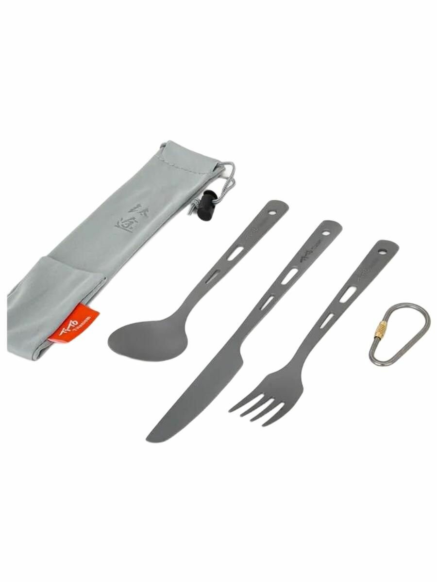 Титановый набор столовых приборов из 3 предметов туристический, ложка, вилка, нож, карабин для кемпинга