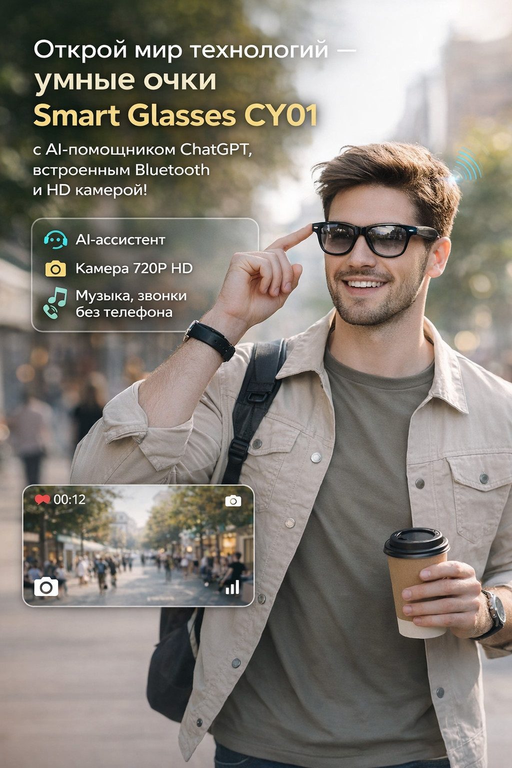 Умные очки Smart CY01 с искусственным интеллектом, Bluetooth, микрофоном и динамиками