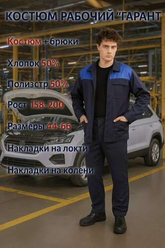 Изображение товара Костюм рабочий "Гарант", спецодежда мужская / накладки на локти/колени, рост 60-62/194-200 см, ткань: хб-50%, пэ-50%