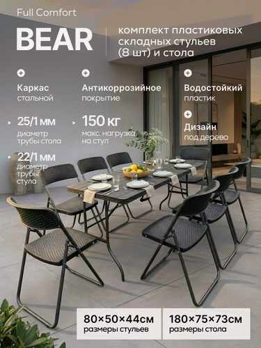 Изображение товара Комплект пластиковых складных стульев (8 шт) и стола (180х75х73 см) - Full Comfort, плетение под ротанг