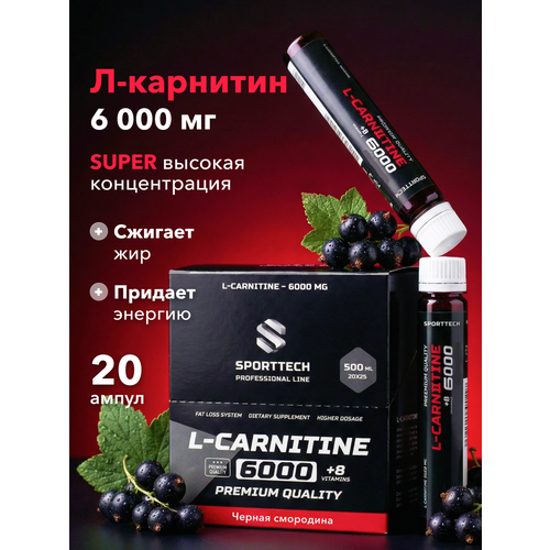 L-карнитин 6000 мг, L carnitine, 20 ампул по 25 мл, черная смородина, жиросжигатель для похудения мужчинам и женщинам