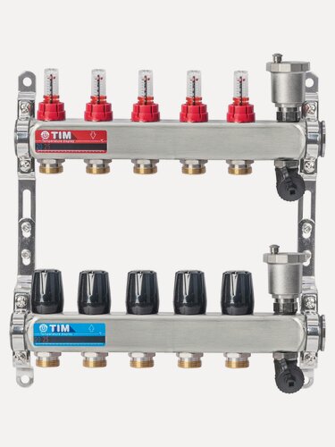 Изображение товара Коллекторная группа 5 контура с расходомерами 1" * 3/4" E, с дренажными кранами и воздухоотводчиками нерж. сталь, TIM, KCS5005