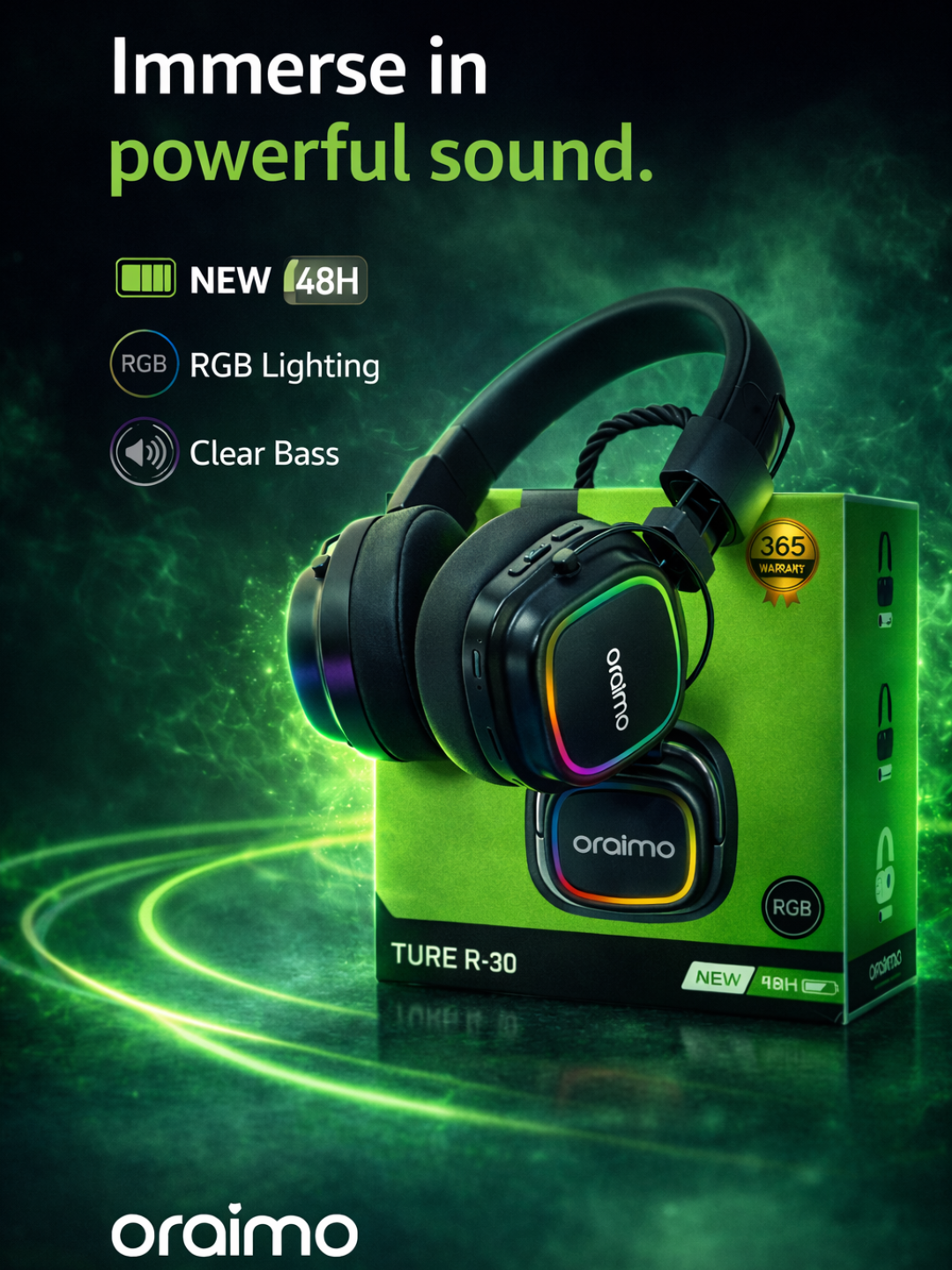 Беспроводные наушники Oraimo Ture R-30, RGB подсветка, до 48 часов, мощный бас, Bluetooth