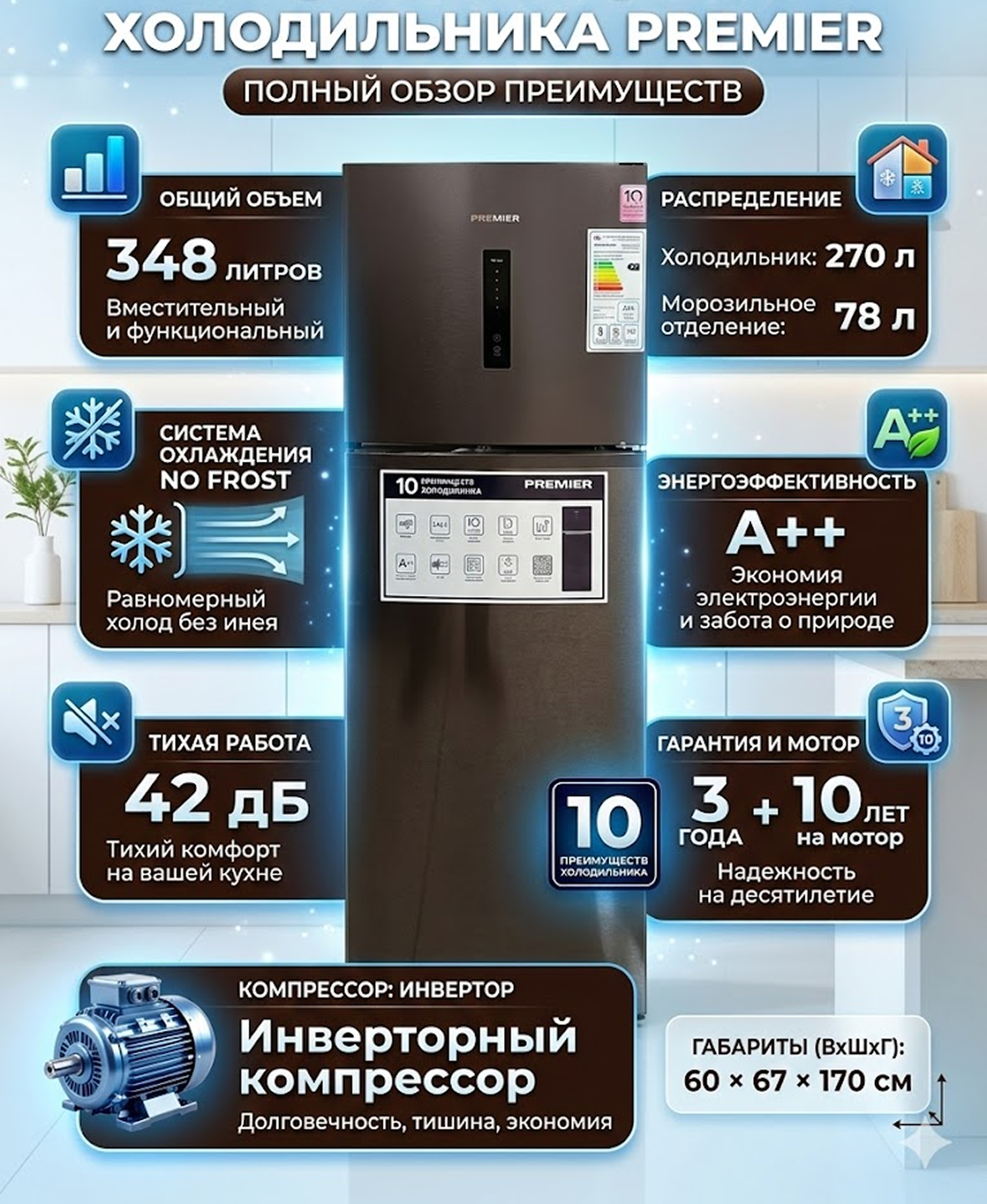 Холодильник Premier PRM-350TFNFID с No Frost и инверторным мотором, 348 л black