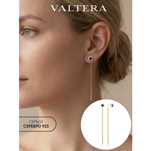 фото Серьги цепочки valtera, серебро, 925 проба, родирование, фианит, размер 55 мм, длина 5.5 см, , золотистый