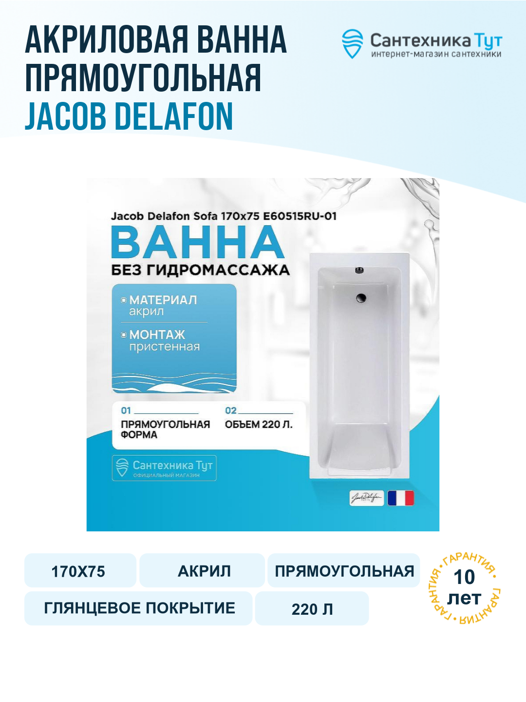 Ванна акриловая Jacob Delafon Sofa 170x75 E60515RU-01, с антибактериальным покрытием, белая