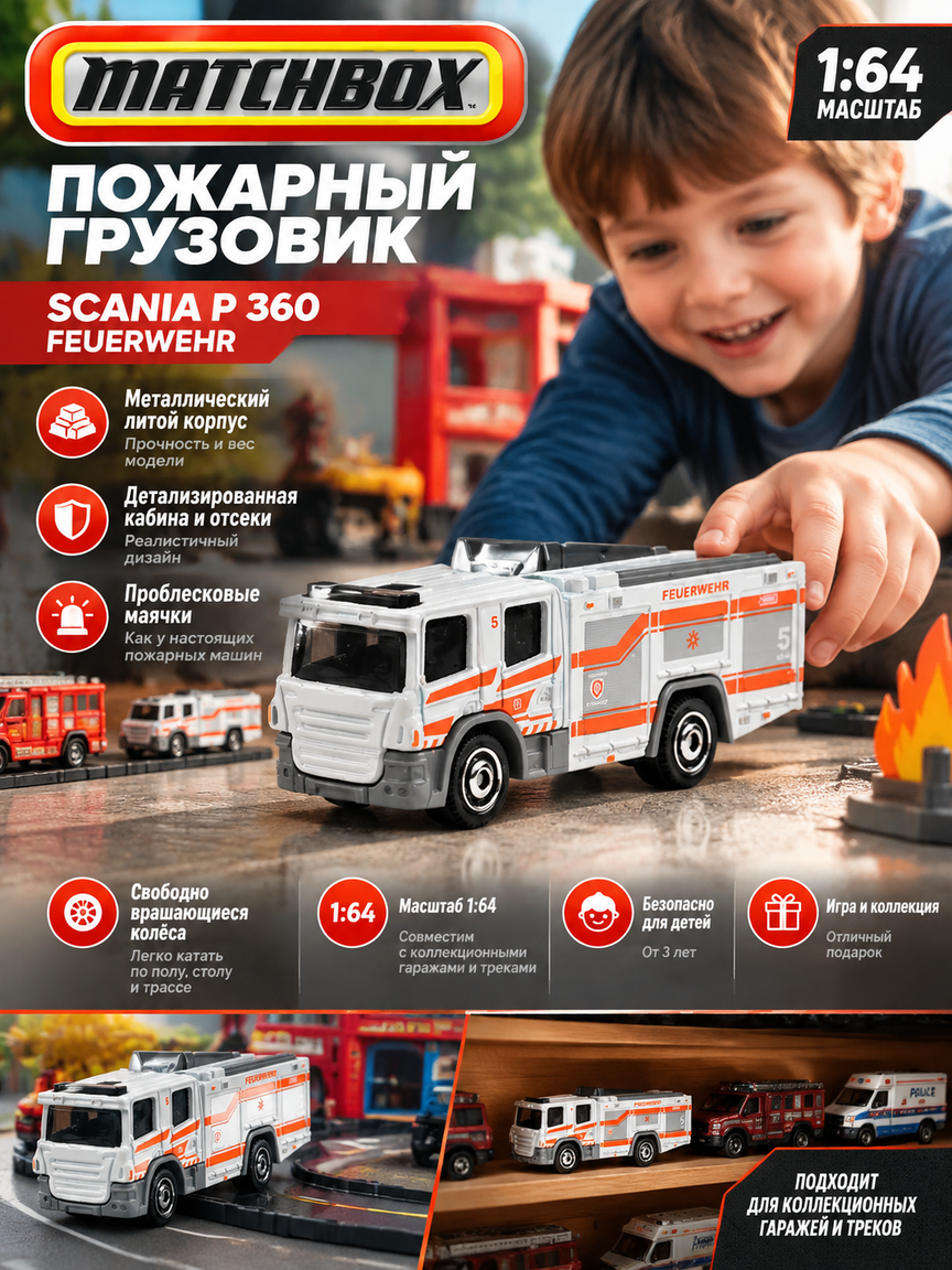 Пожарный грузовик Scania P 360 Feuerwehr, металлическая модель 1:64, бело-оранжевая, 3+