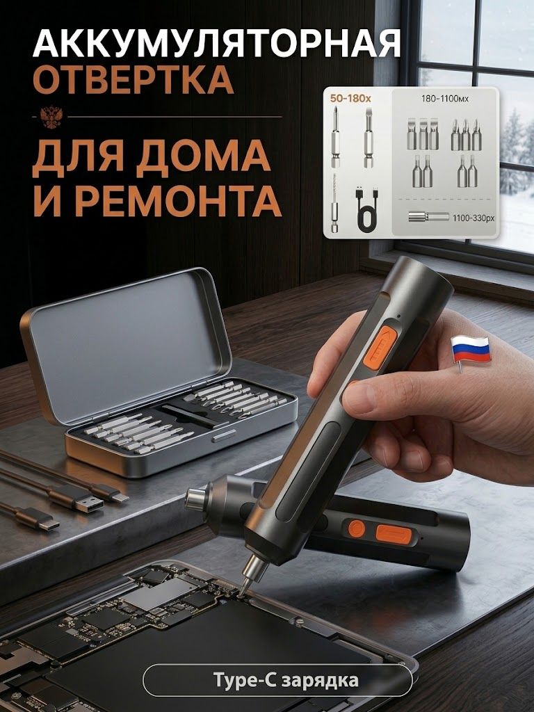 Аккумуляторная электрическая отвертка 3.7V, 350 об/мин / Мини электроотвертка с реверсом для дома и сборки мебели, матовый черный