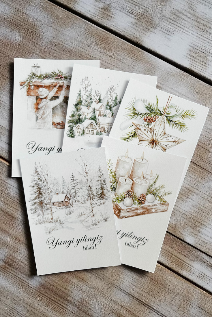 Набор открыток «Yangi yilingiz bilan!» — 5 зимних дизайнов на узбекском языке с белыми конвертами.