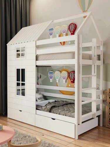 Изображение товара Кровать двухъярусная Домик с двумя окнами и выкатными ящиками 160х80 из березы, лестница с торца
