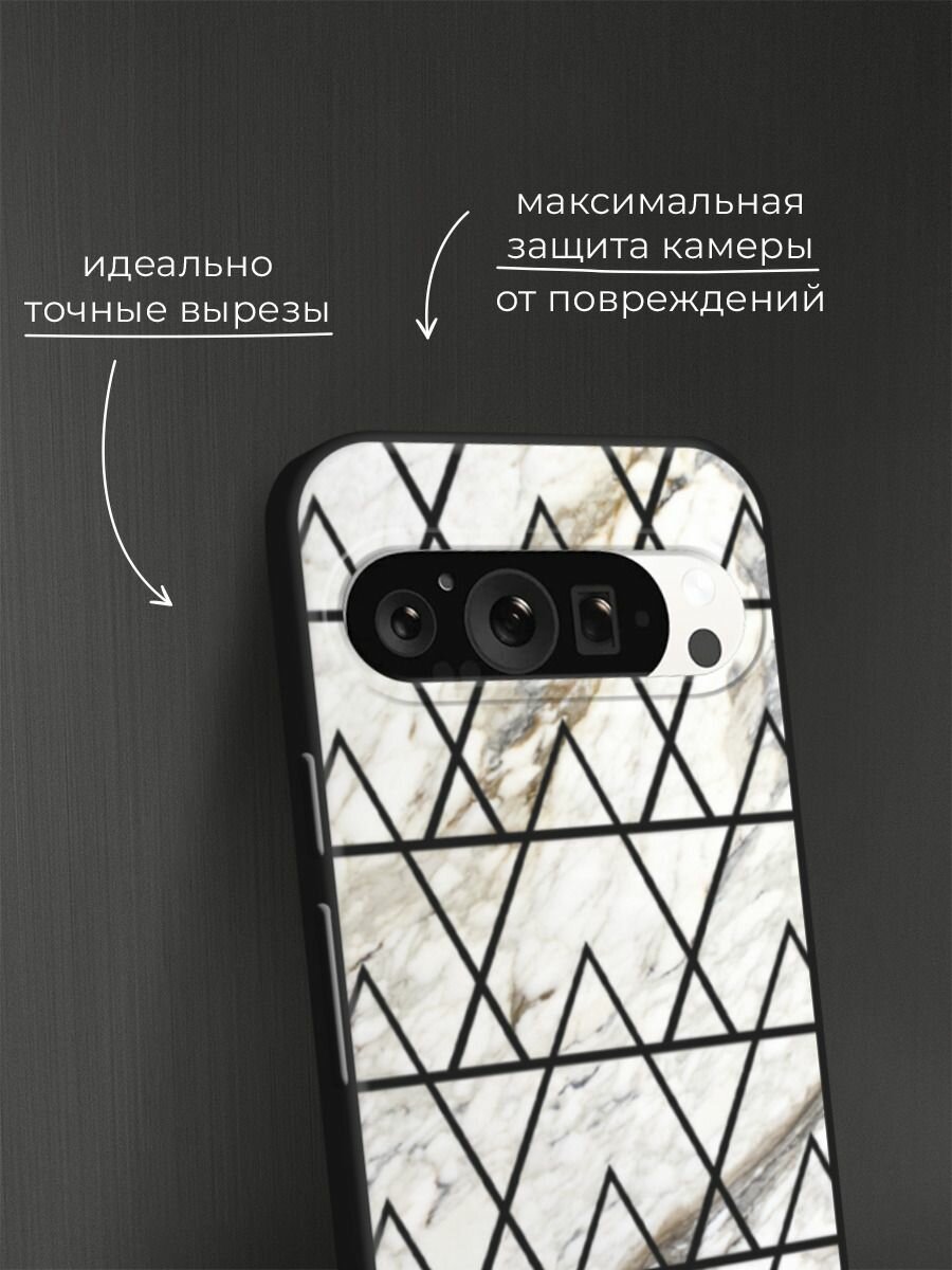Черный матовый чехол на Google Pixel 9 Pro / Гугл Пиксель 9 Про с принтом "Белый мрамор с узорами треугольниками" — фото 1