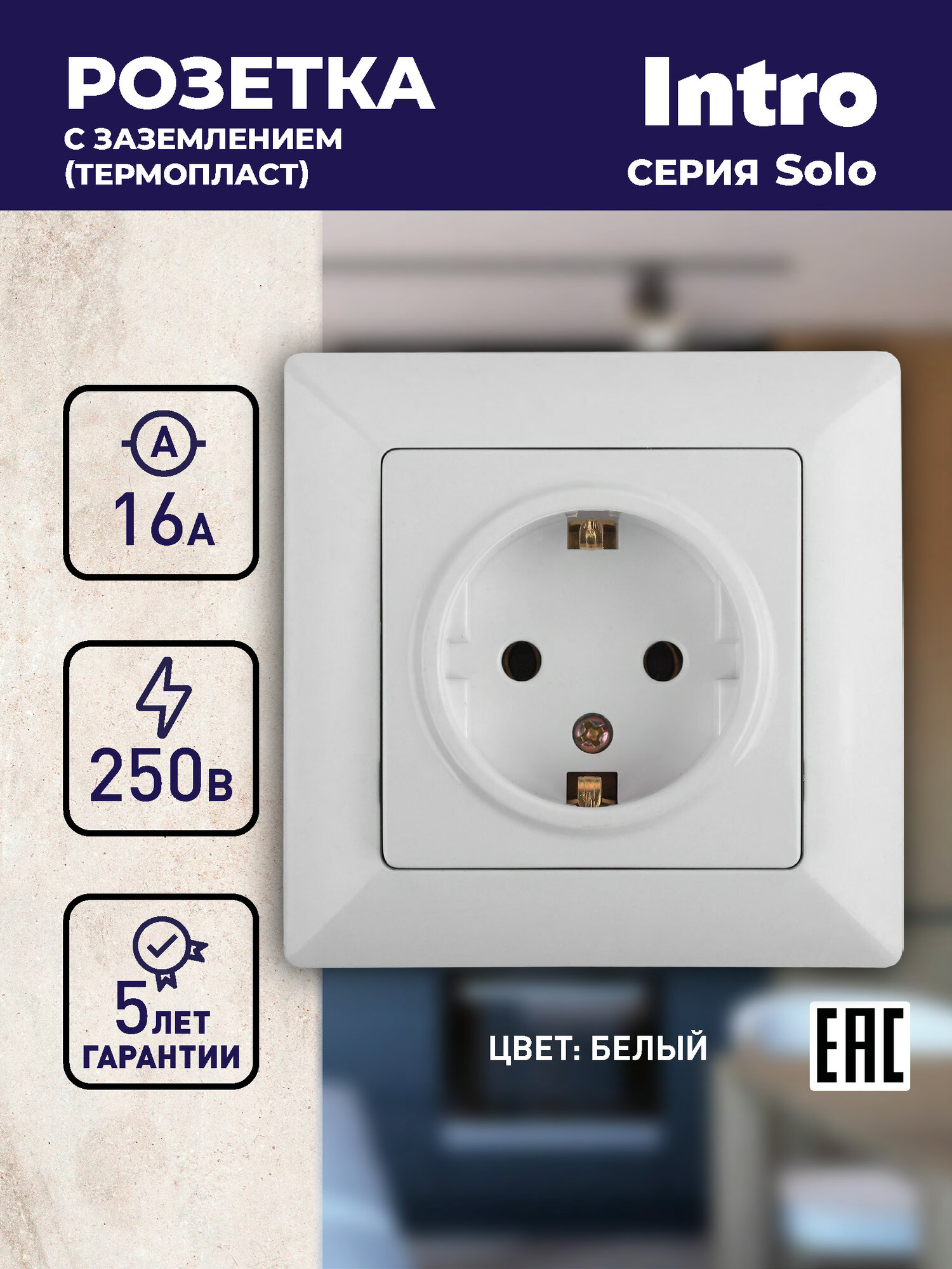 Розетка Intro Solo 4 202 01 с заземлением 2P E Schuko 16А 250В IP20 скрытой установки белая
