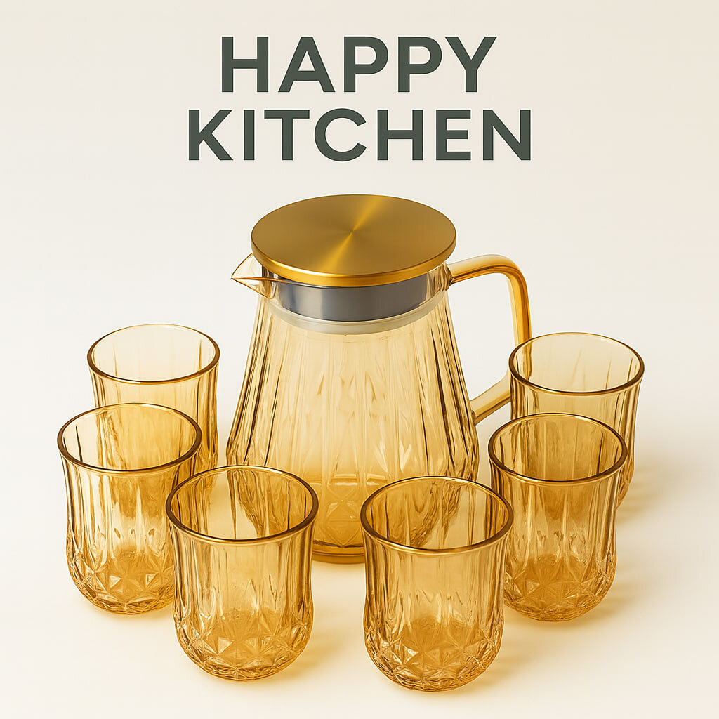 Набор термостойкого янтарного стекла "HAPPY KITCHEN" GOLD JJY613-7ABG, чайник 1 л, 6 стаканов