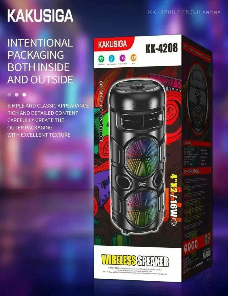Kakusiga KK-4209 — мощная беспроводная Bluetooth колонка, 16 Вт (4×4 Вт), цветная LED-подсветка, с микрофоном, поддержка TWS