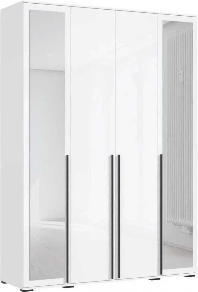 Шкаф 4-х створчатый 1600 с 2-мя зеркалами, Белый глянец/Белый