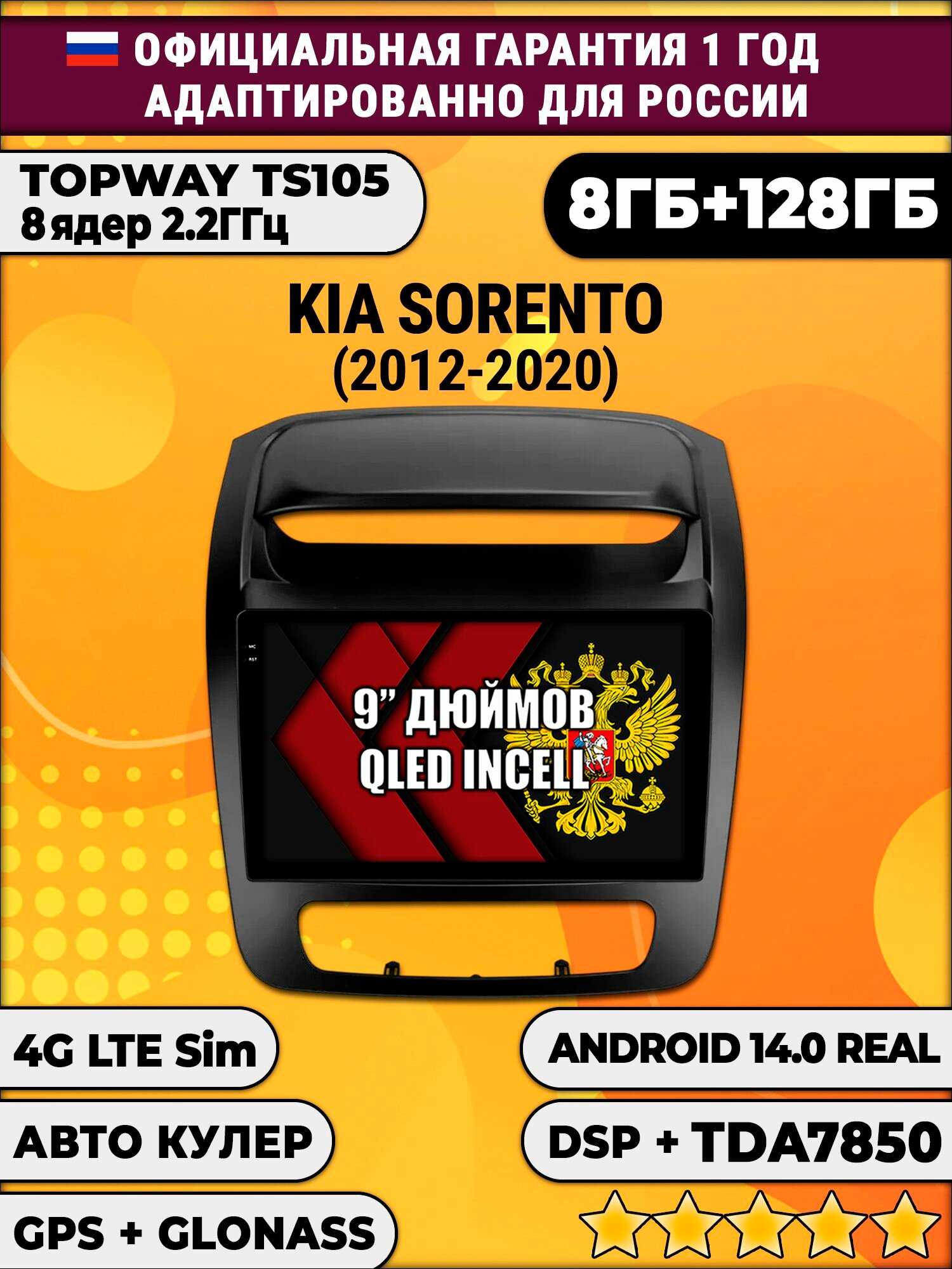 TS105, память 8/128гб для KIA SORENTO (2012-2020), Android магнитола