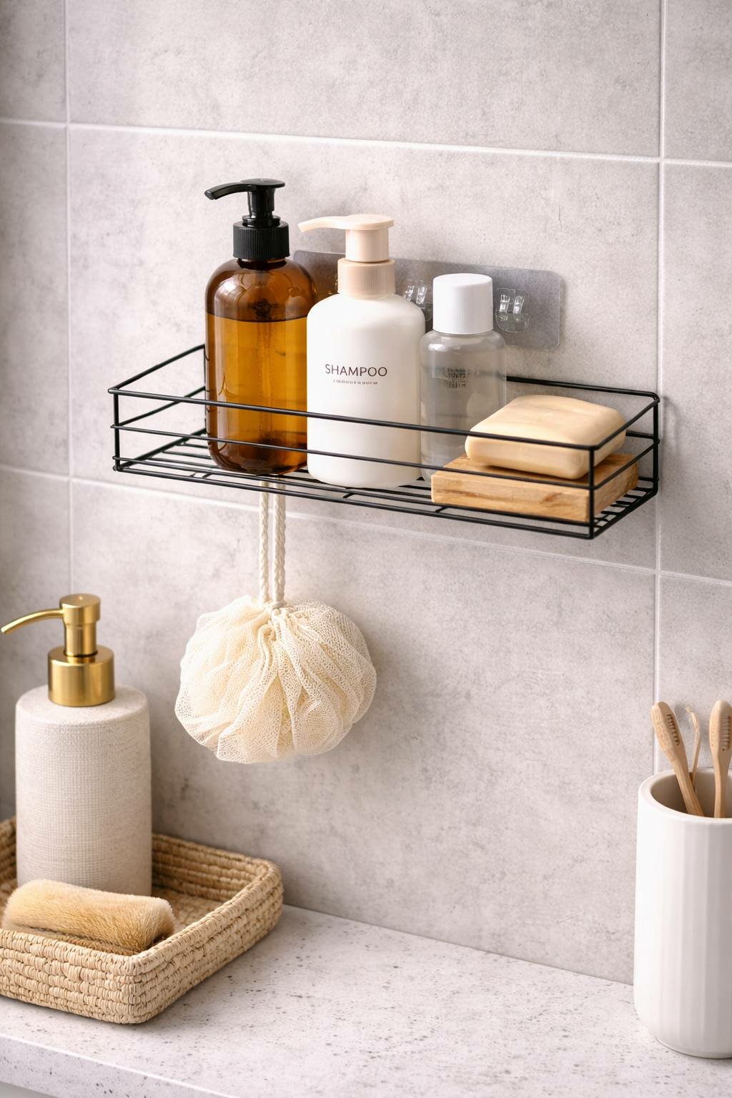 Металлическая настенная полка (крепление без сверления) предназначена для удобного и аккуратного хранения