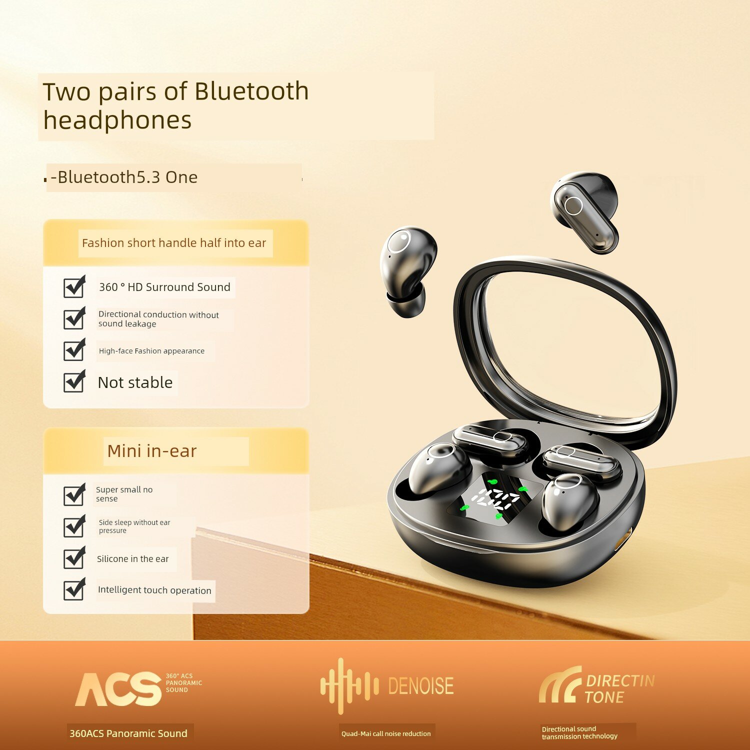 Двойные наушники премиум-класса Bluetooth 5.3, Dolby Audio, долгий срок службы батареи, черный цвет, удобное ношение