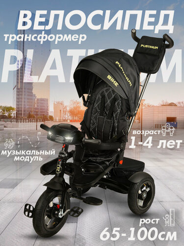 Изображение товара Велосипед трехколесный детский с ручкой и козырьком Platinum; 1-4 года; черный