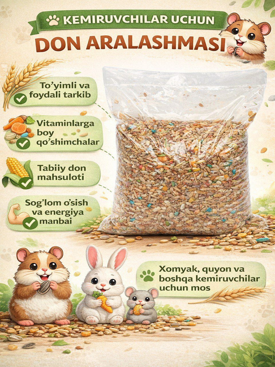 Витаминный корм для грызунов, для всех видов, 1000 г, бежевый