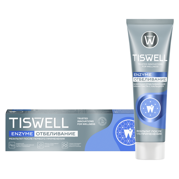 Зубная паста Tiswell отбеливающая энзимная от темного налета и камня с кальцием и фтором, 110 гр