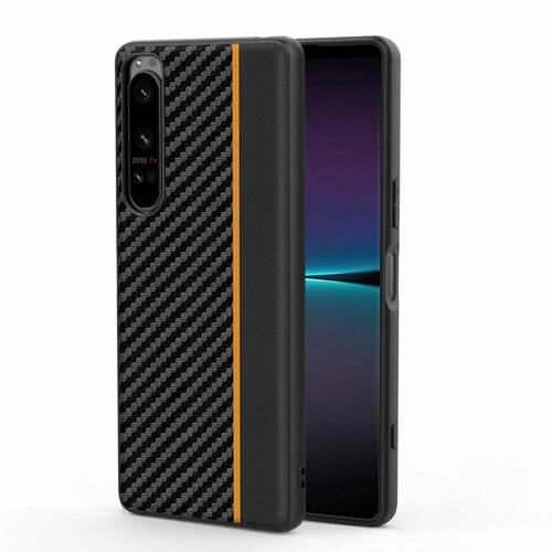 фото Чехол бампер mypads из пластика с отделкой под карбон для sony xperia 1 iv 1-4 с вставкой из кожи черная с желтой полосой