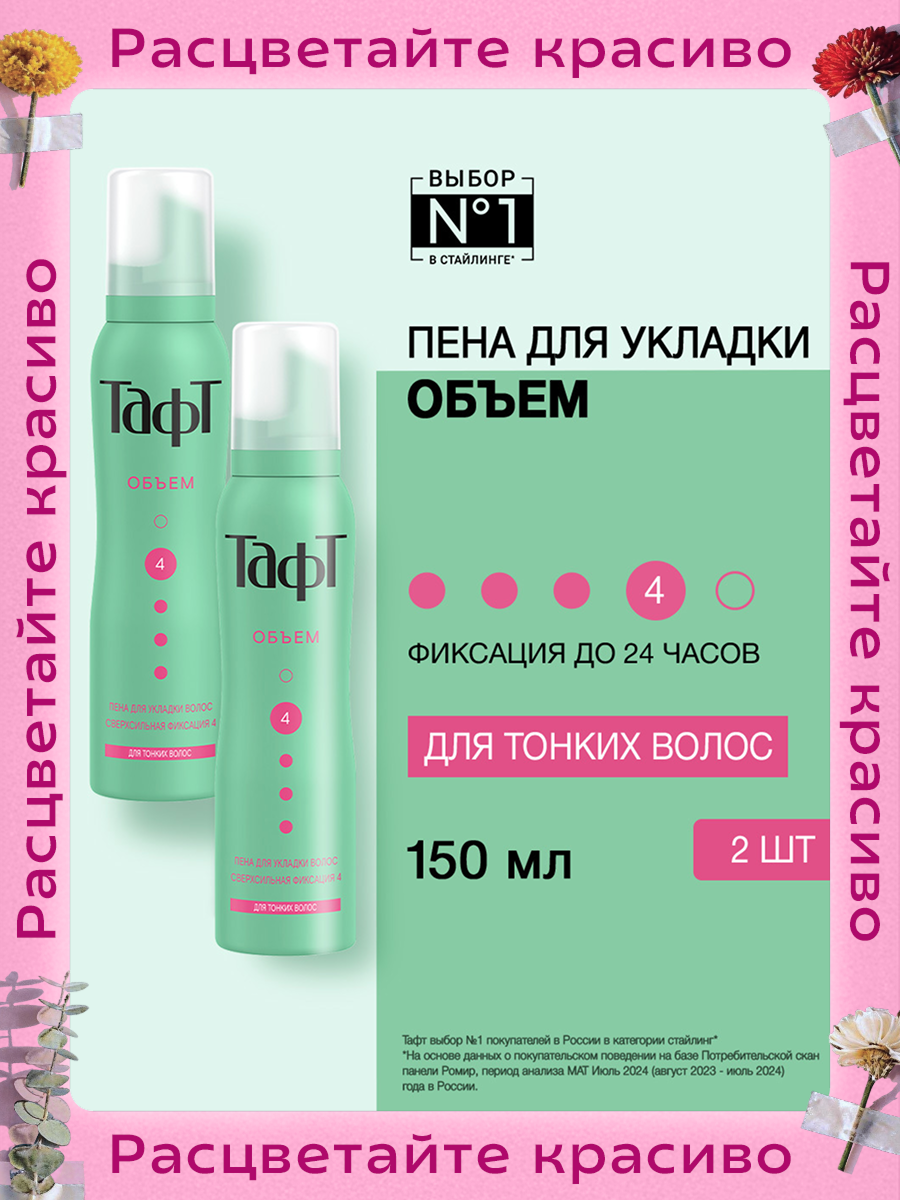 Тафт Пенка для укладки волос Объем для тонких волос, сверхсильная фиксация, 150 мл, 2 шт (набор)