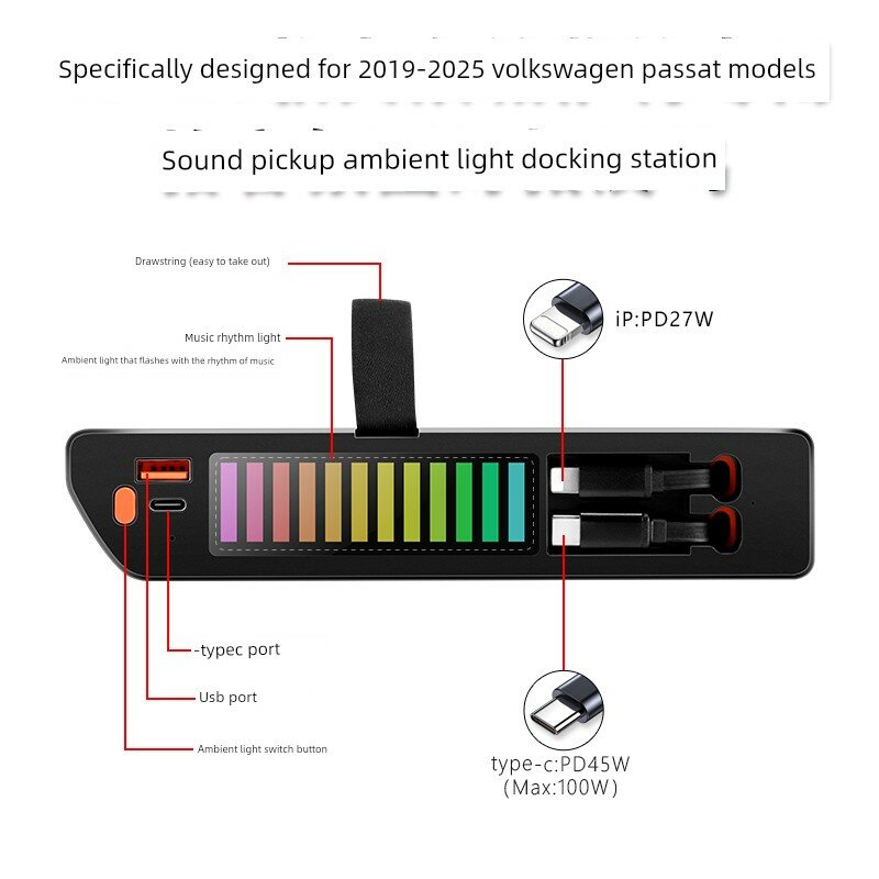 Вольфсваген Пассат 2019-2025 Автомобильное зарядное устройство с двумя USB-портами 30Вт+45Вт для iPhone 6-14+/TC