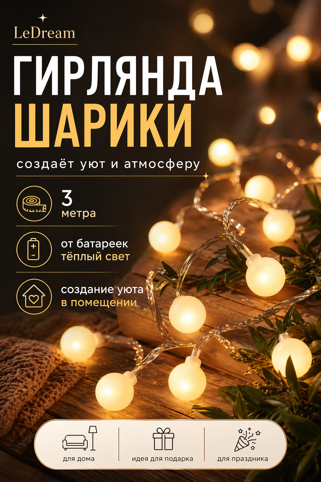 Гирлянда шарики LeDream от батареек 3 метра тёплый свет для декора 20 led