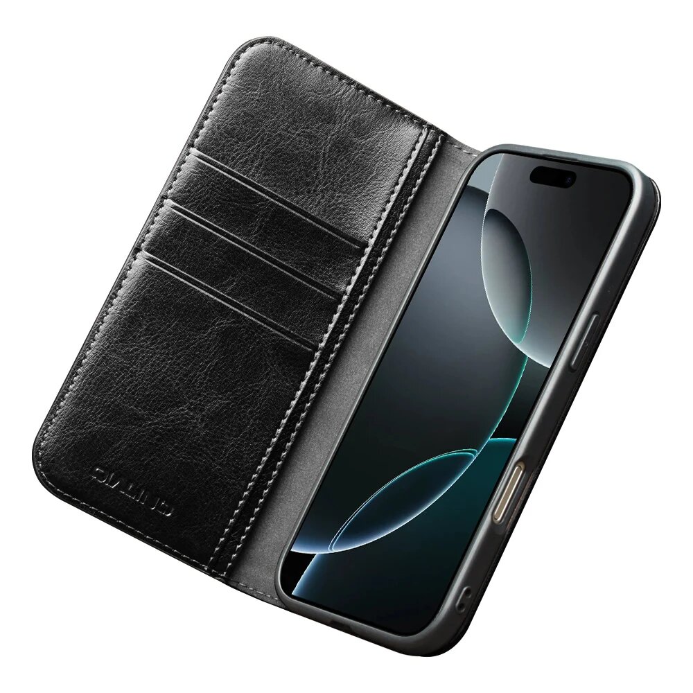 Черный кожаный чехол-книжка QIALINO для iPhone 17 Pro Max