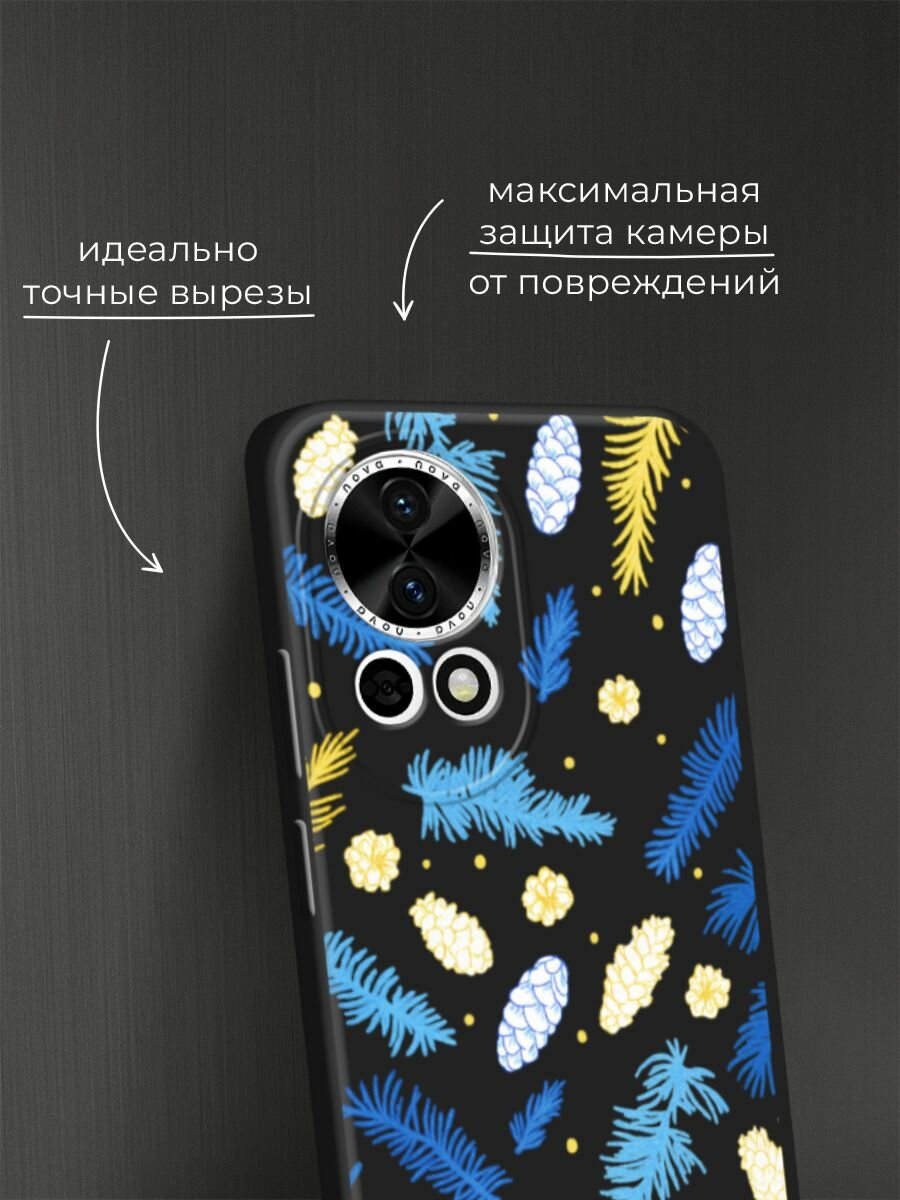 Черный матовый чехол на Huawei Nova 12/Nova13 / Хуавей Нова 12/Нова 13 с принтом "Елки и шишки" — фото 1