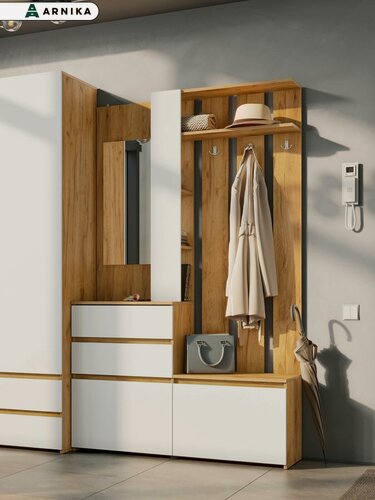 Изображение товара ARNIKA Вешалка с зеркалом в прихожую "Нейтив", 120х35х198см, белый/дуб золотой