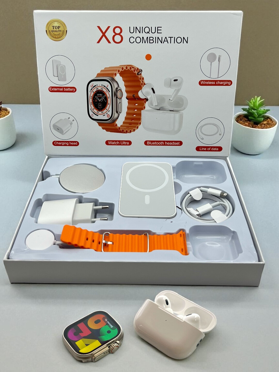 Умные часы Smart Watch Ultra в комплекте с беспроводными наушниками Pods Pro.