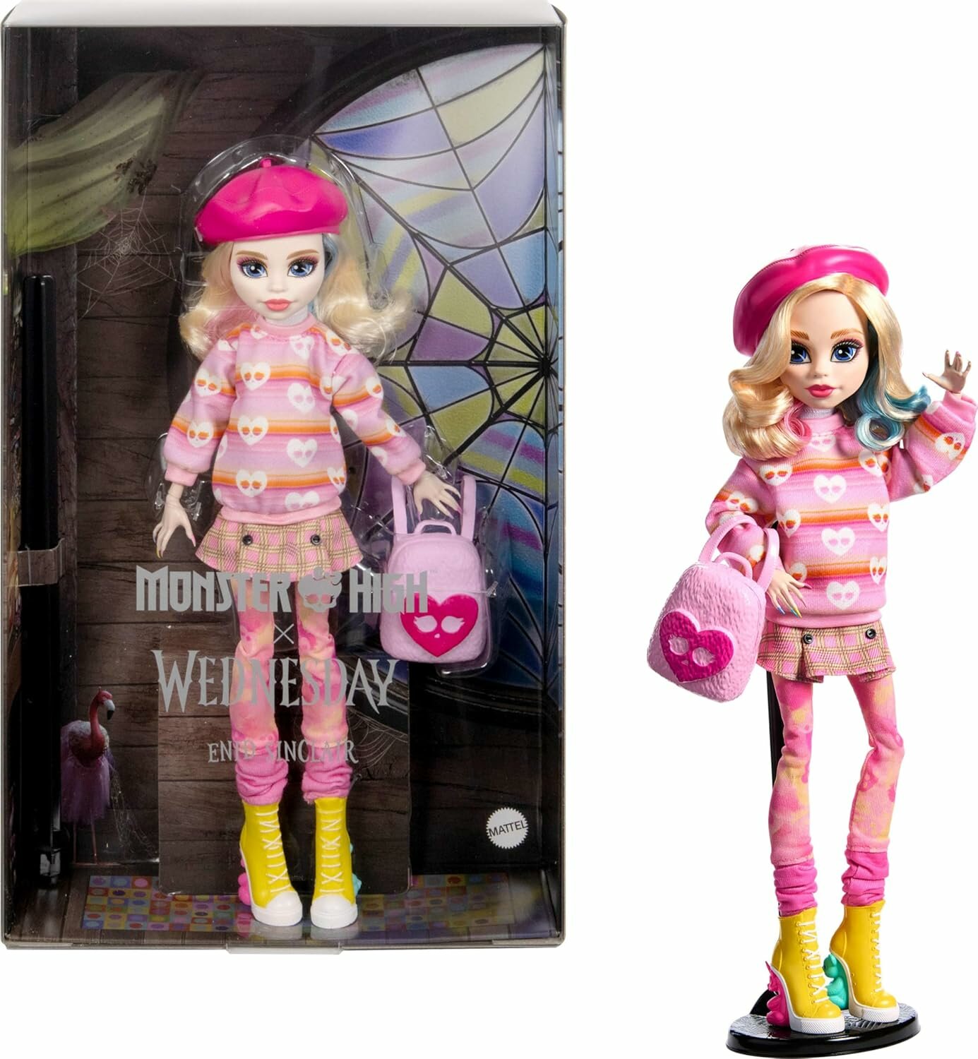 Monster High x Wednesday Enid Sinclair, коллекц кукла, розовый образ, берет, рюкзак, подставка