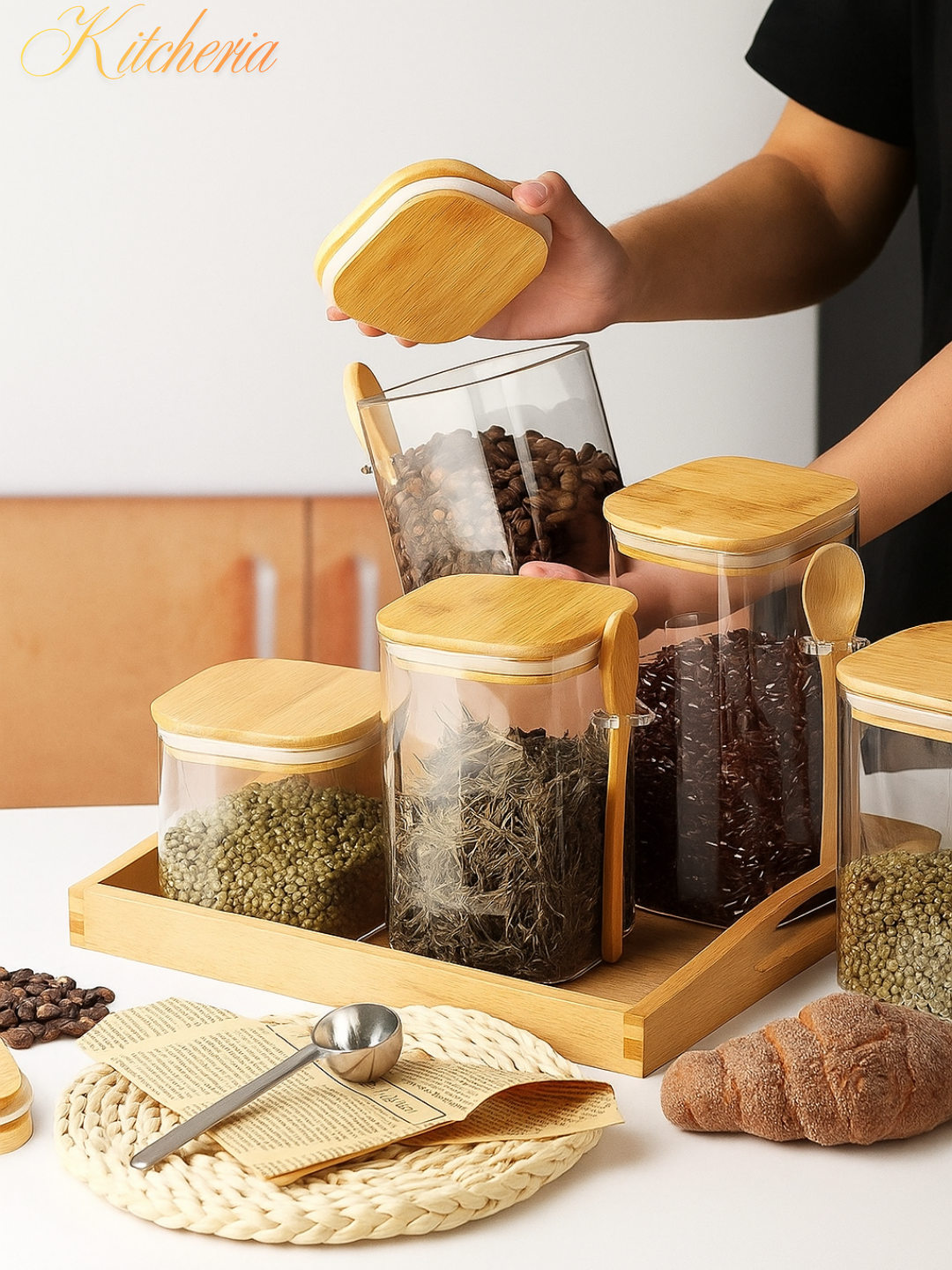 Стеклянная баночка, для сыпучих продуктов, герметичная, 1300 мл, ложка в комплекте