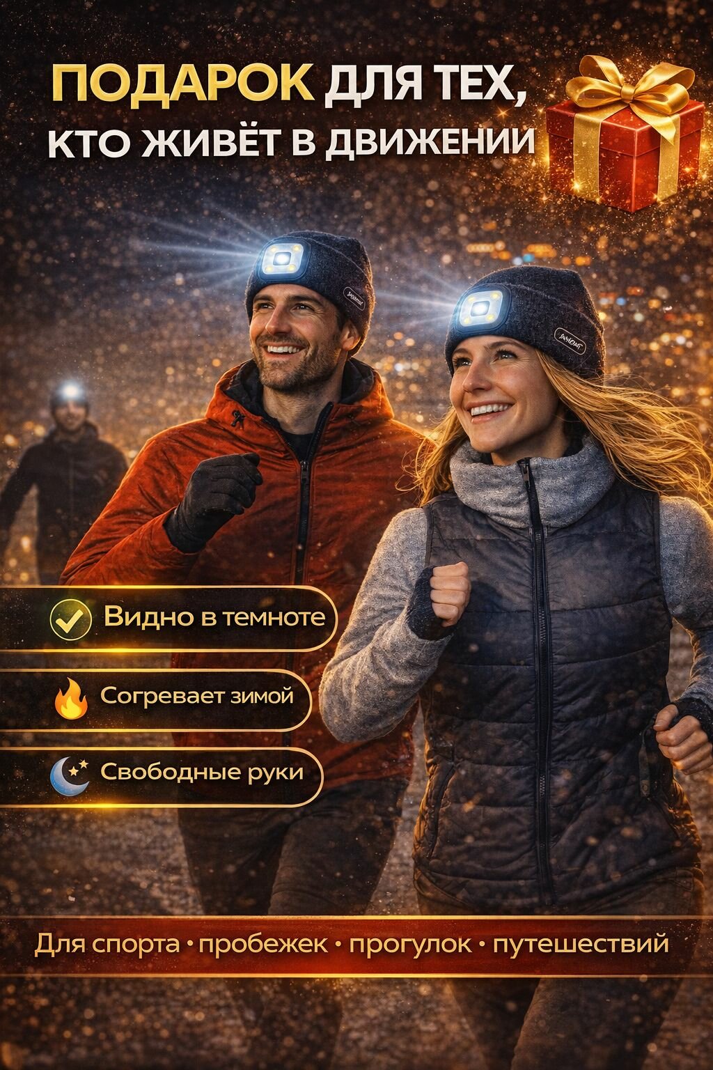 Шапка с фонариком LED, тёплая шапка с подсветкой для рыбалки, бега и прогулок в темноте